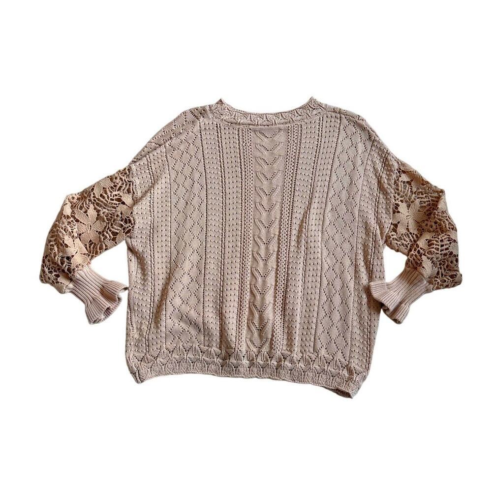 Open Knit Sweater Beige Crochet Detail Size L
